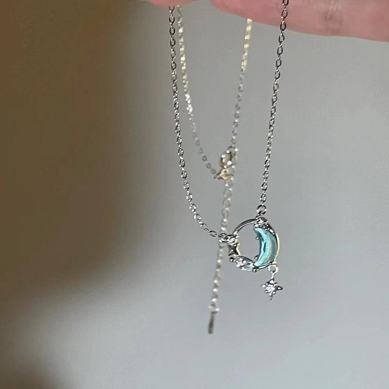 Kalung Rantai Klavikula Desain Bintang Dan Bulan Bahan 925 Sterling Silver Untuk Wanita