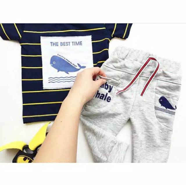 Baju setelan kaos celana jogger gambar paus pergi jalan fashion anak bayi cowok laki murah -fre