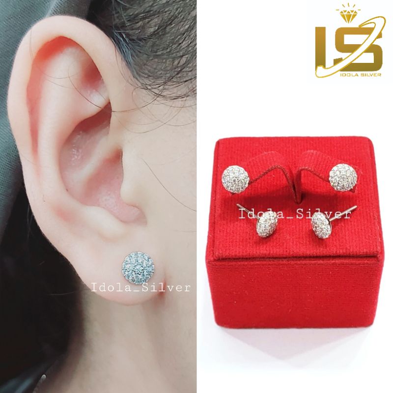 ANTING TUSUK PERAK ASLI SILVER WANITA 925 LAPIS EMAS PUTIH MODEL GIWANG BULAT PERMATA FULL - PERHIASAN PERAK WANITA ASLI