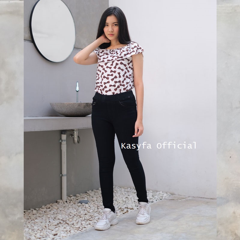 RHIANA JEGGING JEANS POLOS WANITA // CELANA JEANS PINGANG FULL KARET