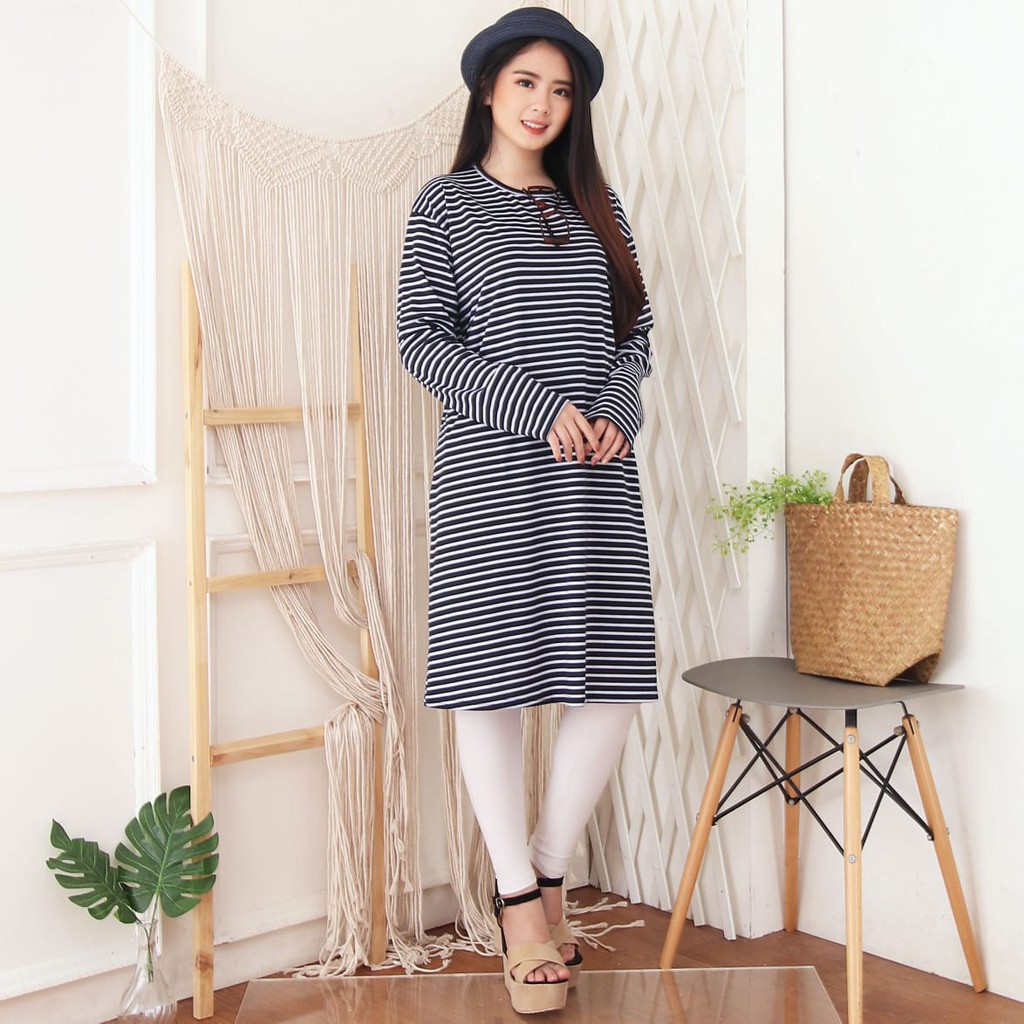 Tunik Spandex Salur Navy | Ukuran L dan XXL