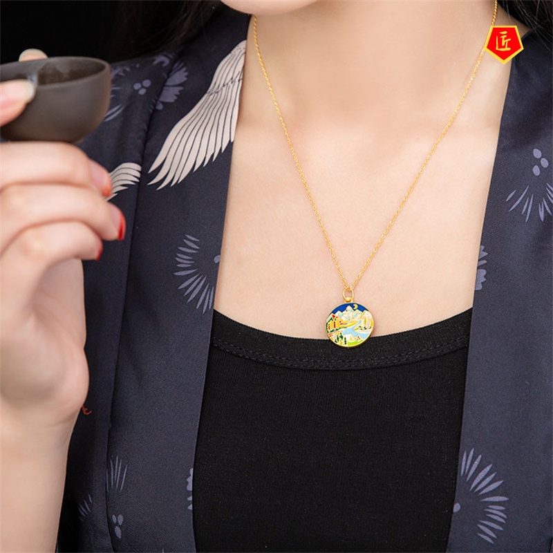 [Ready Stock]Burnt Blue round Plate Pendant Four Seasons round Woven Red Rope Necklace