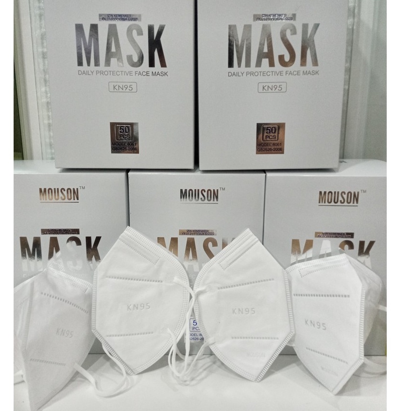 PM Masker KN95 MOUSON isi 50 ada logo dan Tali elastis IZIN KEMENKES -Putih PASAR MURAH ORIGINAL