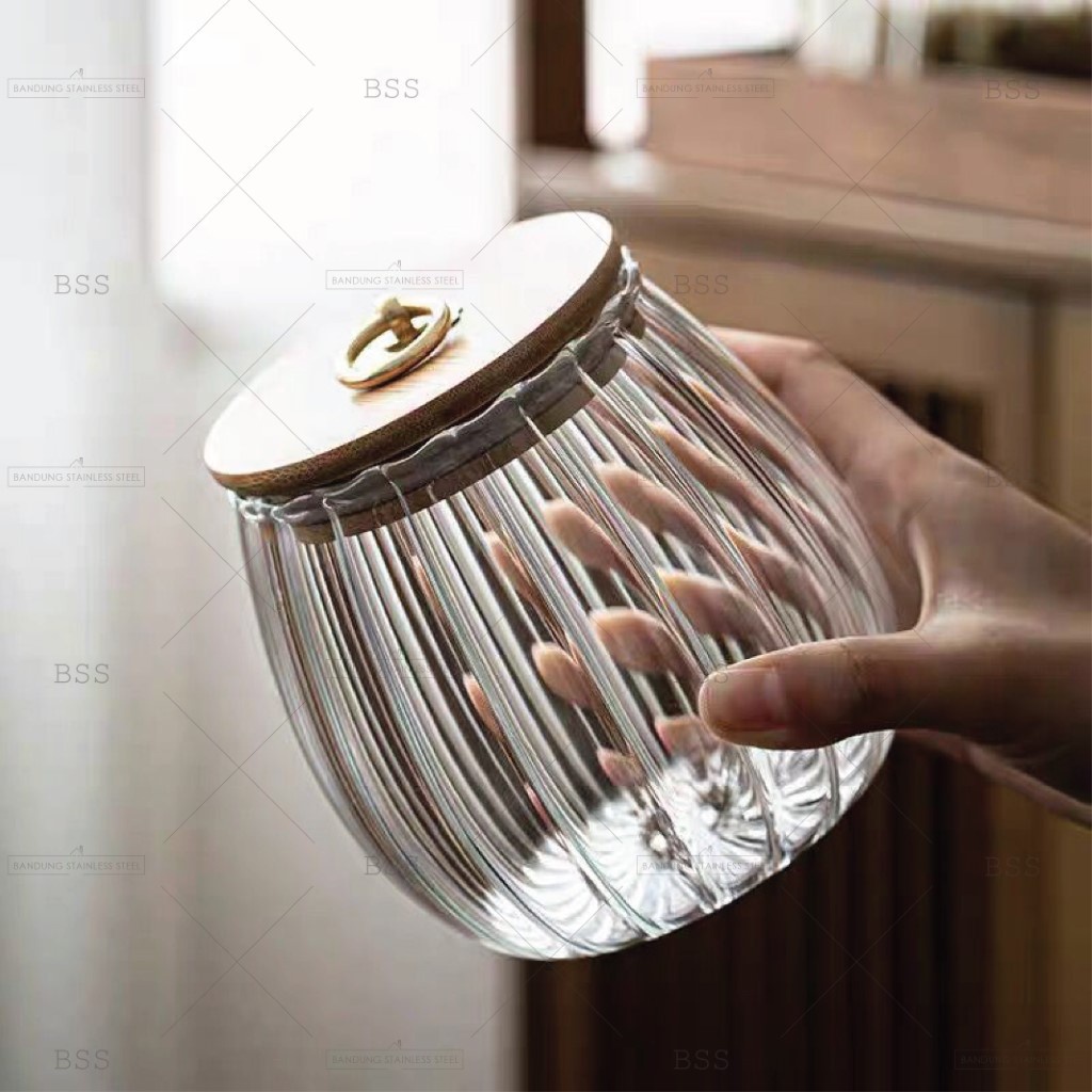 Toples Kaca Kopi Teh Daun coffee bean glass storage jar Kedap Udara Cantik Vakum Wadah Penyimpanan Makanan Tutup Kayu