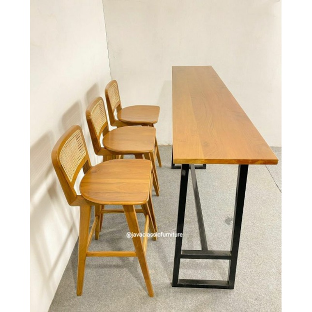 SET KURSI MEJA BAR COFFE KOPI ROTAN KAYU JATI SOLID KAKI BESI MINIMALIS VINTAGE STOOL TABLE CAFE MURAH-3