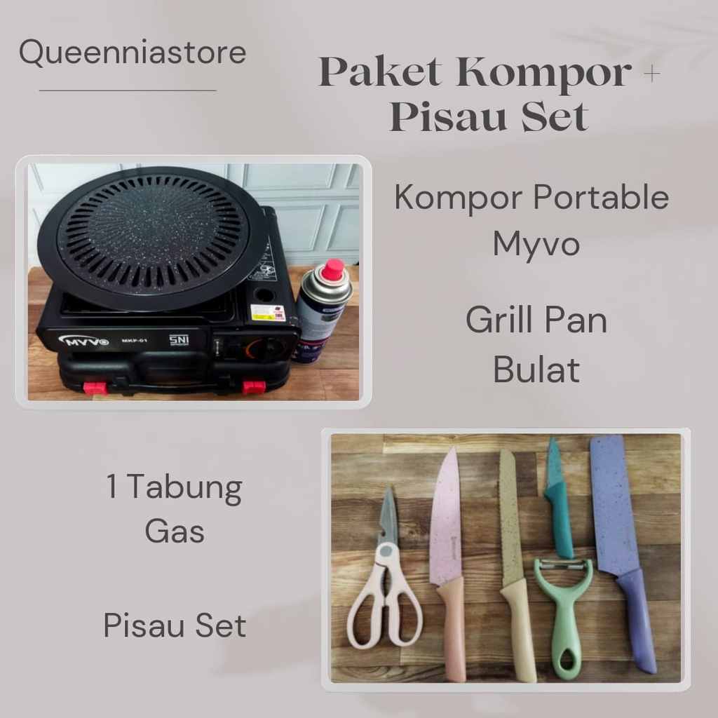 Paket Kompor Portable + Grillpan + Gas + Pisau Set