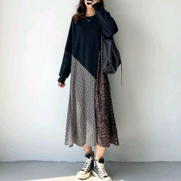 17550 Baju mididress midi dress gaun pesta lengan panjang loose motif kombinasi ala korea Korean sty