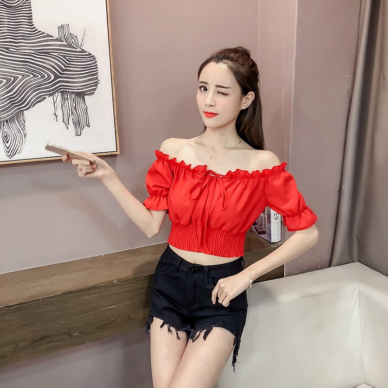 Korean Sabrina Blouse Crop Top Atasan Sabrina Crop 831 (Size XS-XL)-4