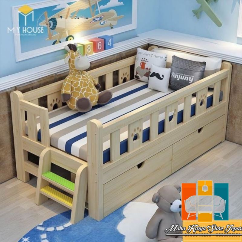 dipan anak box tidur anak desain modern minimalis 2 laci ukuran 90x200