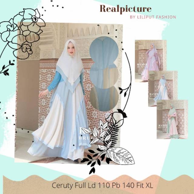 Ranee syari non label Brugman gamis set bahan ceruty aksen renda lapis furing ld 110 PB 138 fit xl