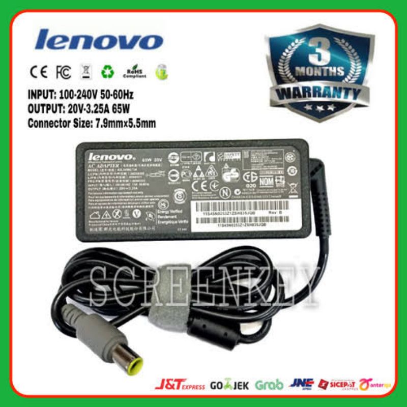 Adaptor Charger Laptop Lenovo Thinkpad X200 X201 X220 X220I X230 X230I T400 T410 T420 T430 T430I T510 L410 L420 L412 L430 L421 SL300 SL400 SL410 E120 E125 E130 E135  20V-3.25A 65W JARUM