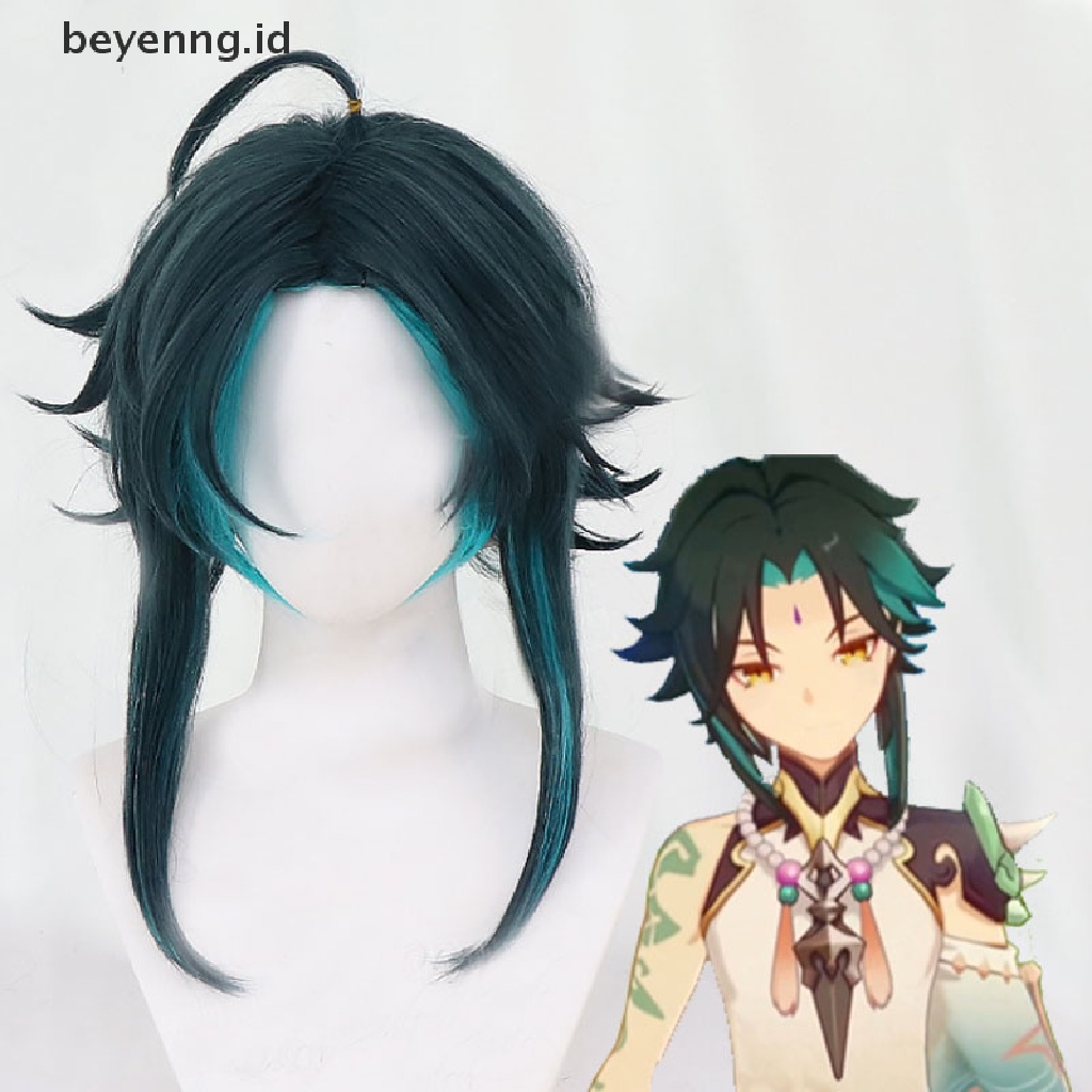 Wig Cosplay Anime Beyen Genshin Impact Xiao Warna Hijau Ukuran 40cm Untuk Pria