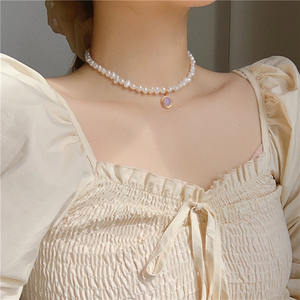 Needway  Luxury Clavicle Choker French Moonstone Pendant Collar Necklace Natural Freshwater Pearls Elegant Irregular Stylish Baroque For Women Fashion Jewelry/Multicolor