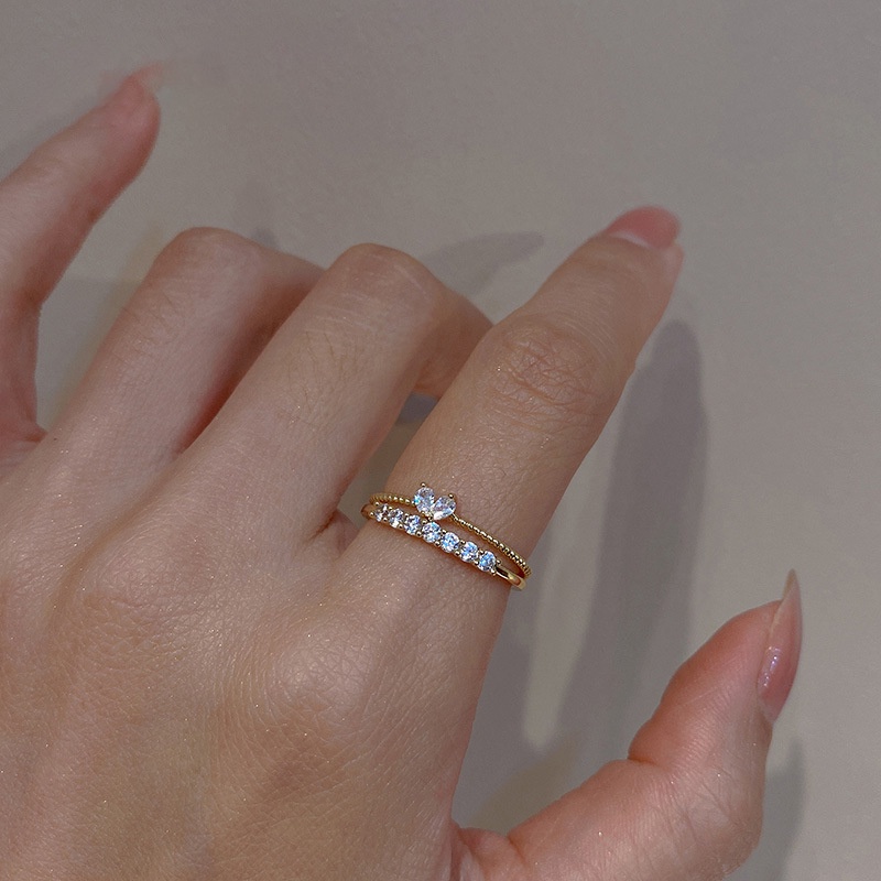 2 in 1  Set Cincin Jari Telunjuk Kombinasi Bentuk Hati Bahan Zirkon Gaya Korea Untuk Perempuan
