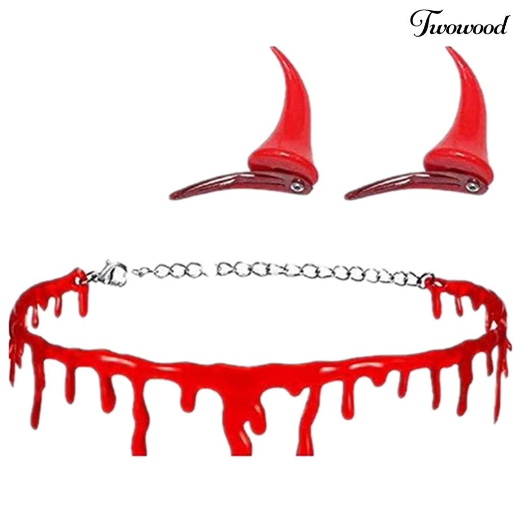 2pcs / Set Jepit Rambut Dan Kalung Desain Tanduk Setan Darah Untuk Kostum Cosplay Halloween