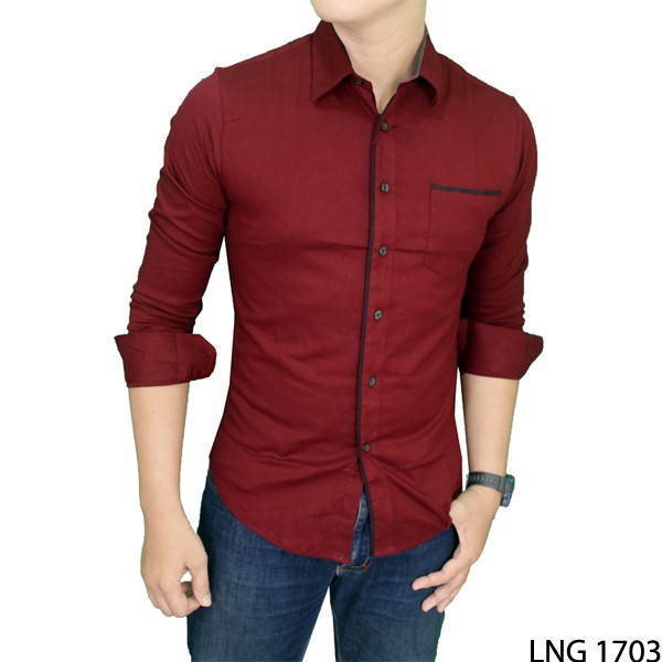 Kemeja Keren Lengan Panjang Slimfit Katun Stretch Merah Maroon – LNG 1703