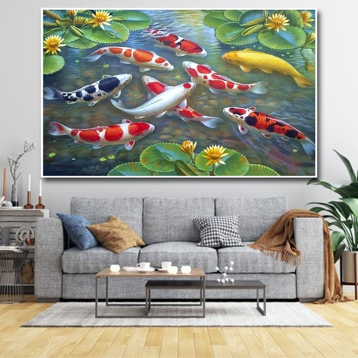 Lukisan Poster Ikan Koi hoki Fengshui 9 Jumbo 3 dimensi Xtra Besar Ukuran 70x50 cm 100x70cm 150x100c