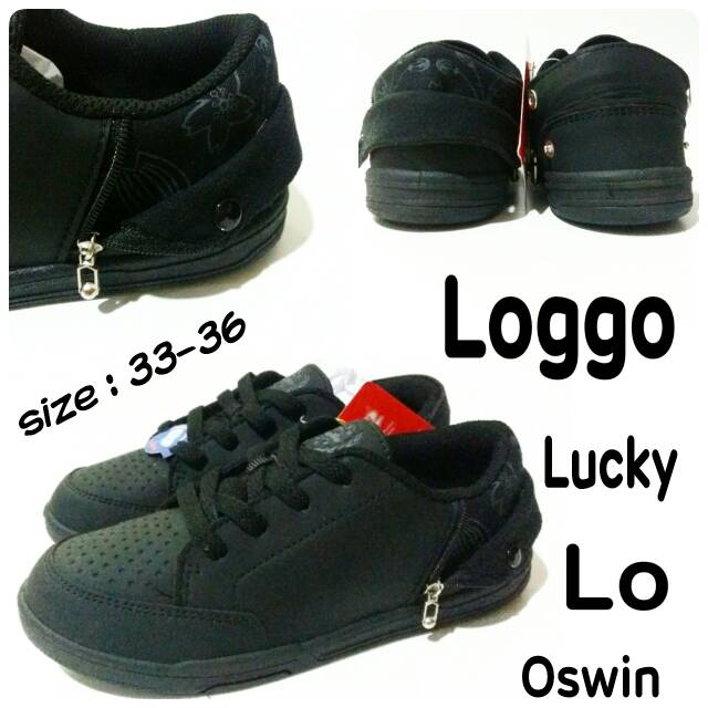 Sepatu sekolah junior full black Loggo Lucky Lo oswin sepatu sekolah terbaru dan termurah