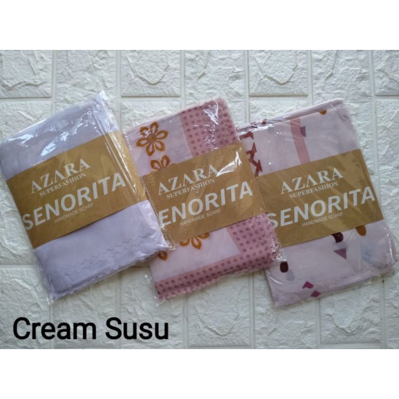(original Azara) segi empat SENORITA MOTIF LC •• hijab segi empat Motif-Cream susu