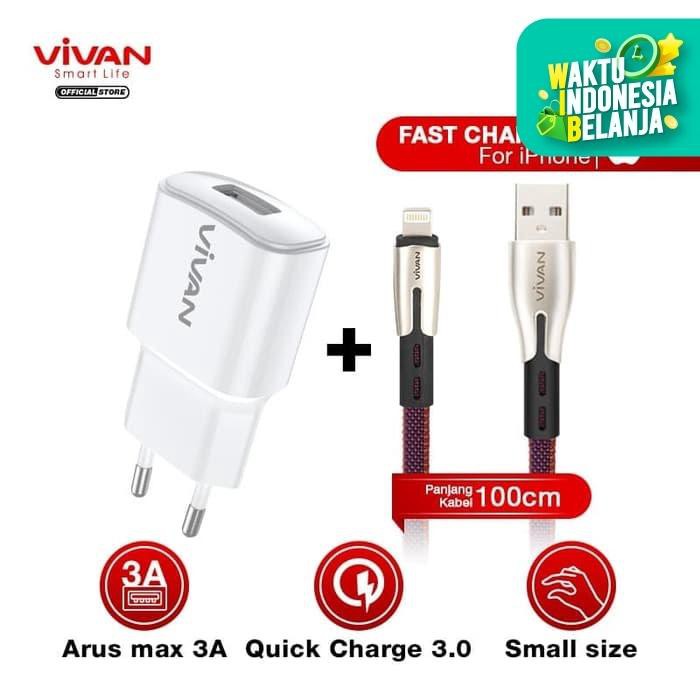 Paket Fast Charging iPhone VIVAN Charger USB 3.0 + Kabel iPhone