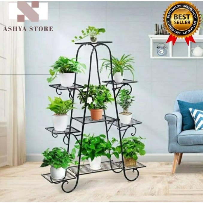 rak pot bunga besi susun 9/standing pot besi untuk 9 pot - Putih