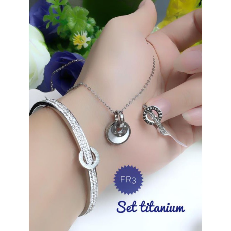 [titanium] paket perhiasan titanium bangle putih full mata super mewah 010221