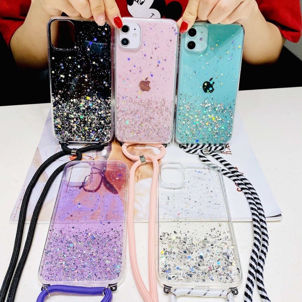 GL Softcase Transparan Aksen Glitter Dengan Tali Lanyard iphone 6 7/8 x/xs 11 11pro 11 pro max dll