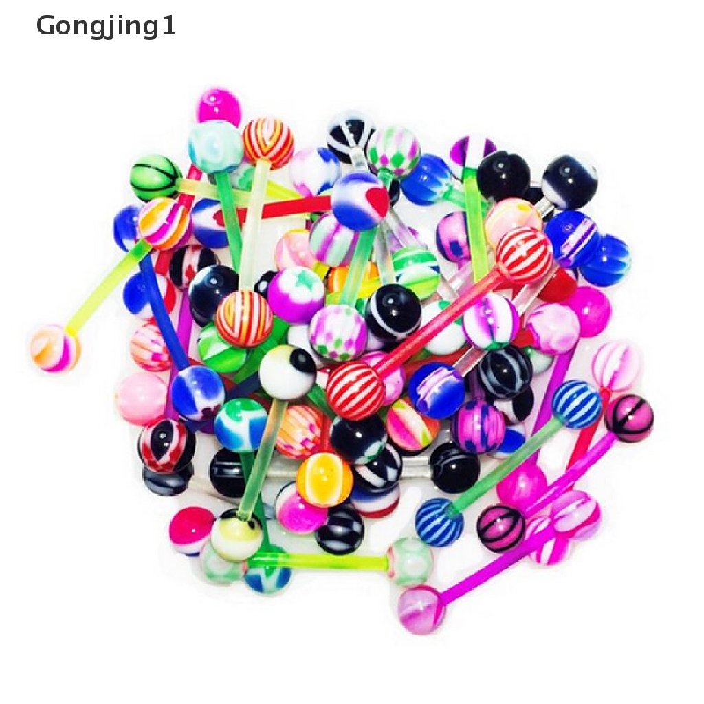 Gongjing1 10PCS / Set Anting Tindik Lidah / Puting / Tubuh Bentuk Barbel + Bola Warna-Warni Untuk Perhiasan Wanita