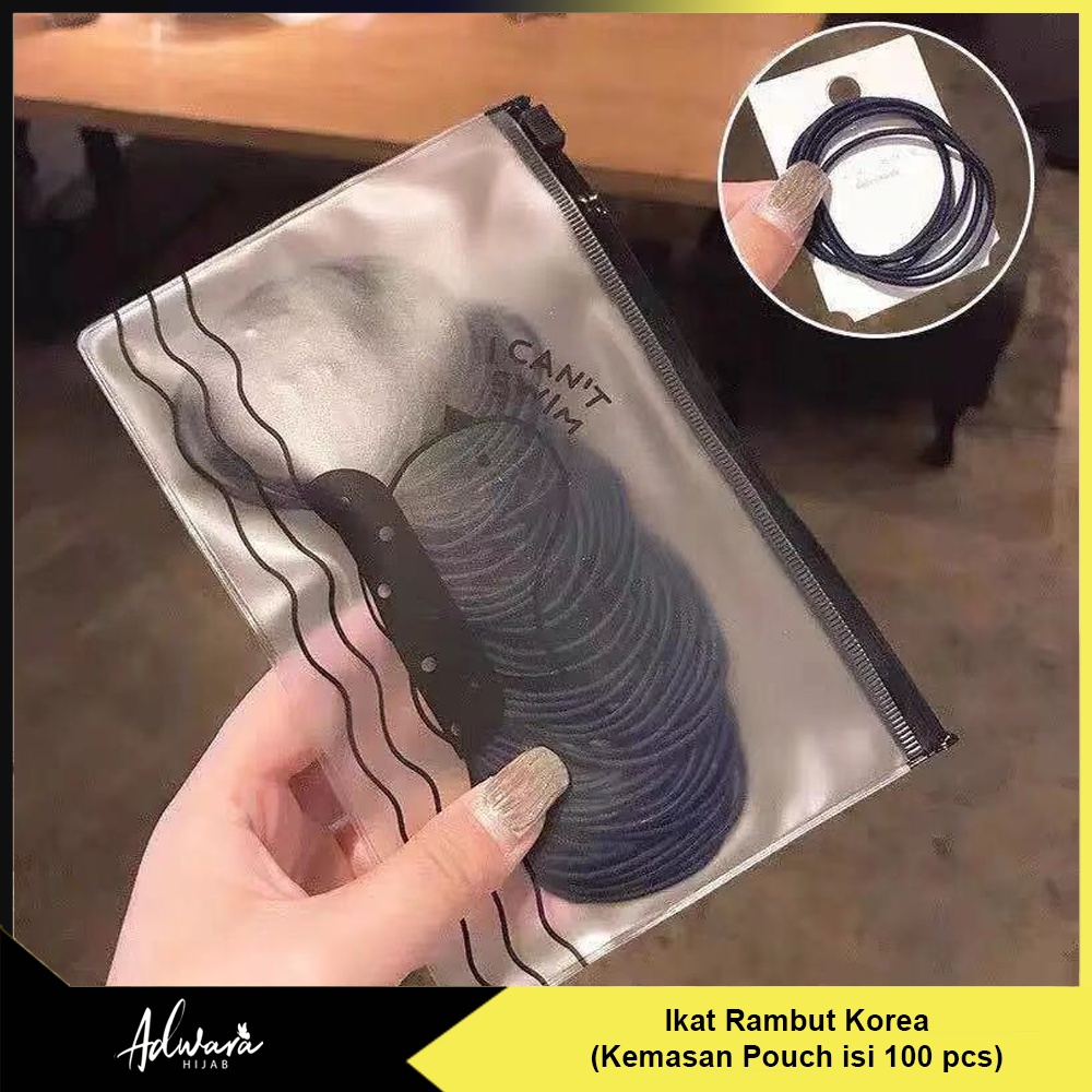 Ikat Rambut Korea 100 Pcs Karet Elastis Polos Kemasan Pouch I Can't Swim