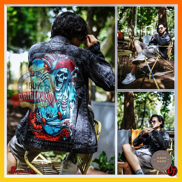 JAKET JEANS MOTIF GAMBAR SKULL PRINTING JAKET JEANS WASHING KEMEJA JEANS