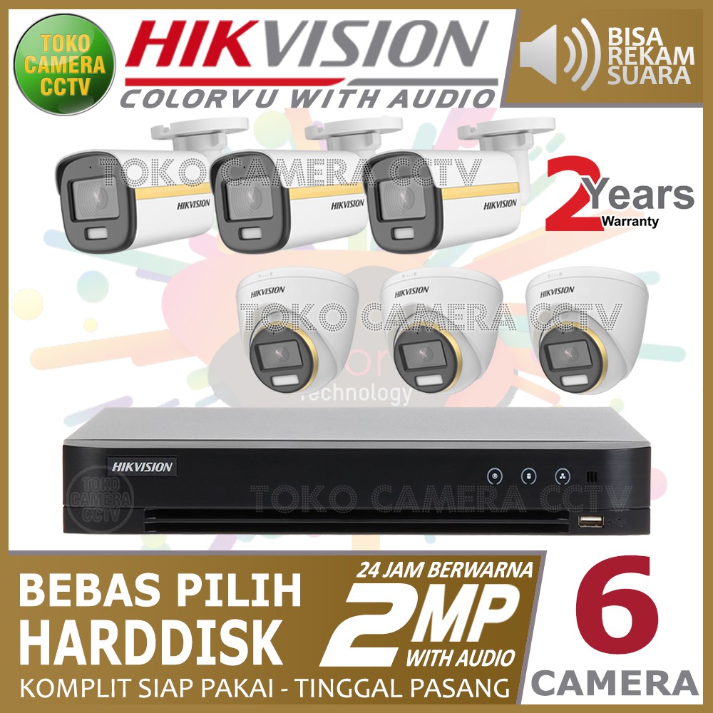 PAKET CCTV HIKVISION COLORVU AUDIO 2MP 8 CHANNEL 6 KAMERA