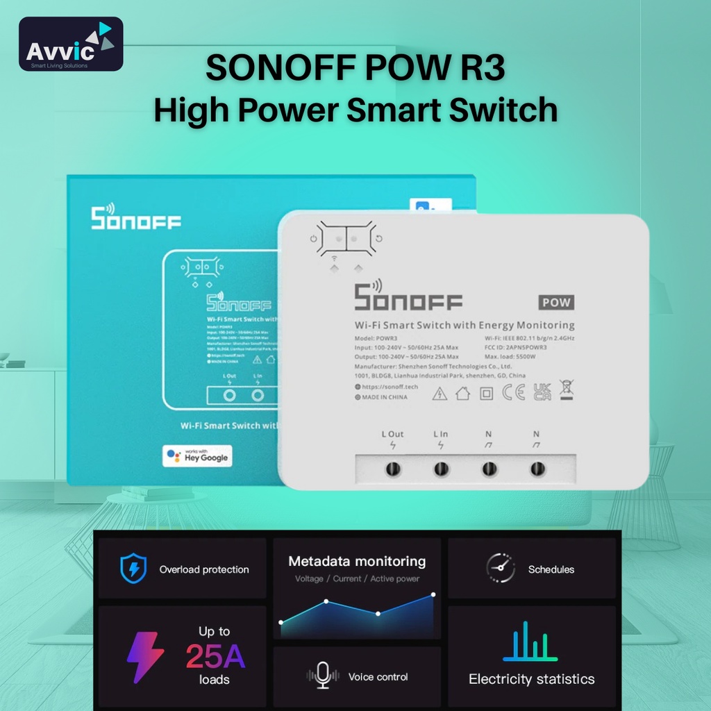 Sonoff POWR3 High Power Energy Monitoring Smart Switch Saklar Pintar 25A 5500W Max Load Energy Voltage Monitoring