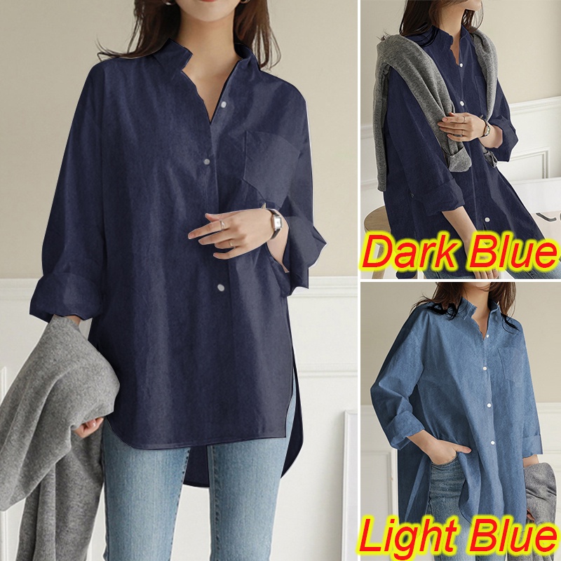 ZANZEA Women Plus Size Turn-Down-Collar Front Pockets Blouse Casual Loose Long Sleeve Tops Shirt