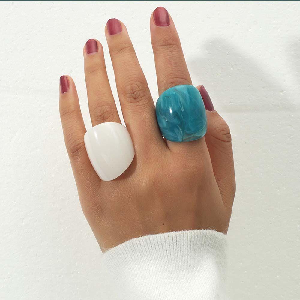 NEEDWAY Needway Wanita Cincin Set 2pcs Putih Perhiasan Pesta Resin Geometris Akrilik Jari Rings