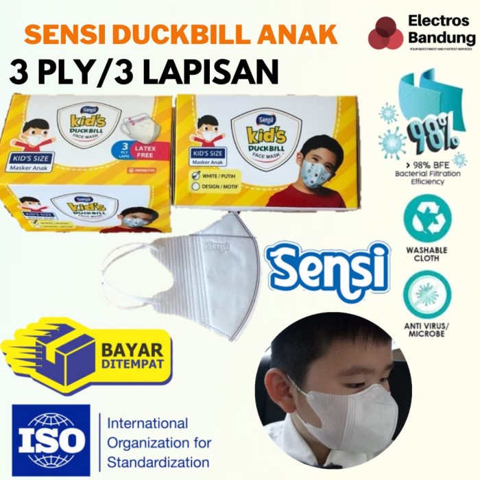 Masker Sensi Duckbill Anak Kids 3 Ply 1 Box isi 40 pcs - Masker Anak - Putih