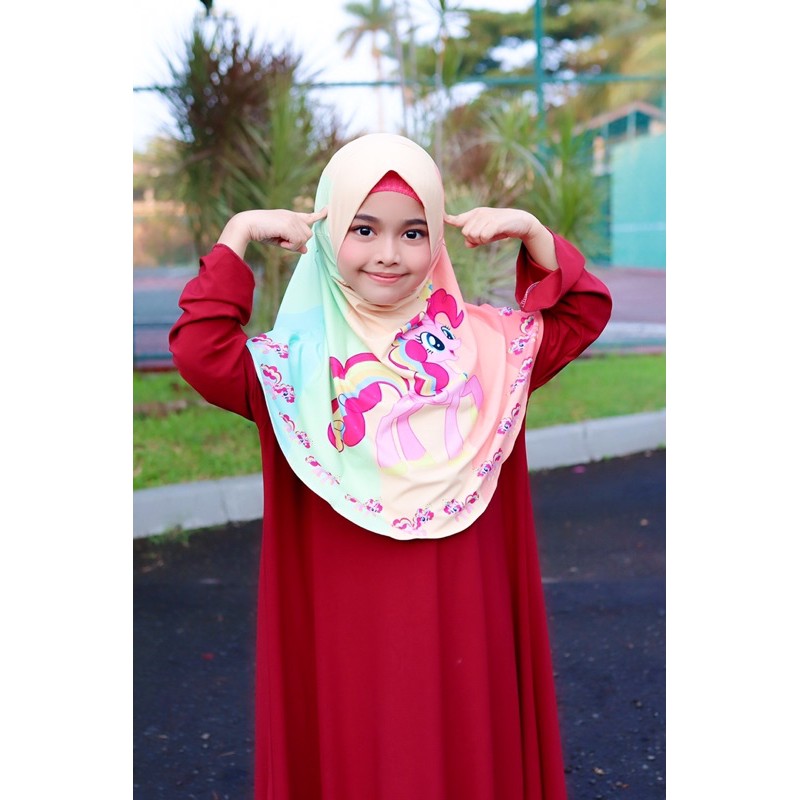 BERGO ANAK PRINTING MOTIF PINKIE PIE / HIJAB INSTANT ANAK LUCU KARAKTER / BERGO ANAK /JILBAB ANAK