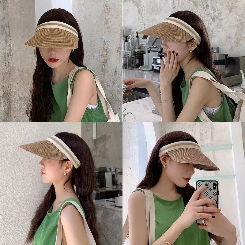 Topi bucket visor Pantai Model Tepi Lebar Warna Solid Untuk Wanita