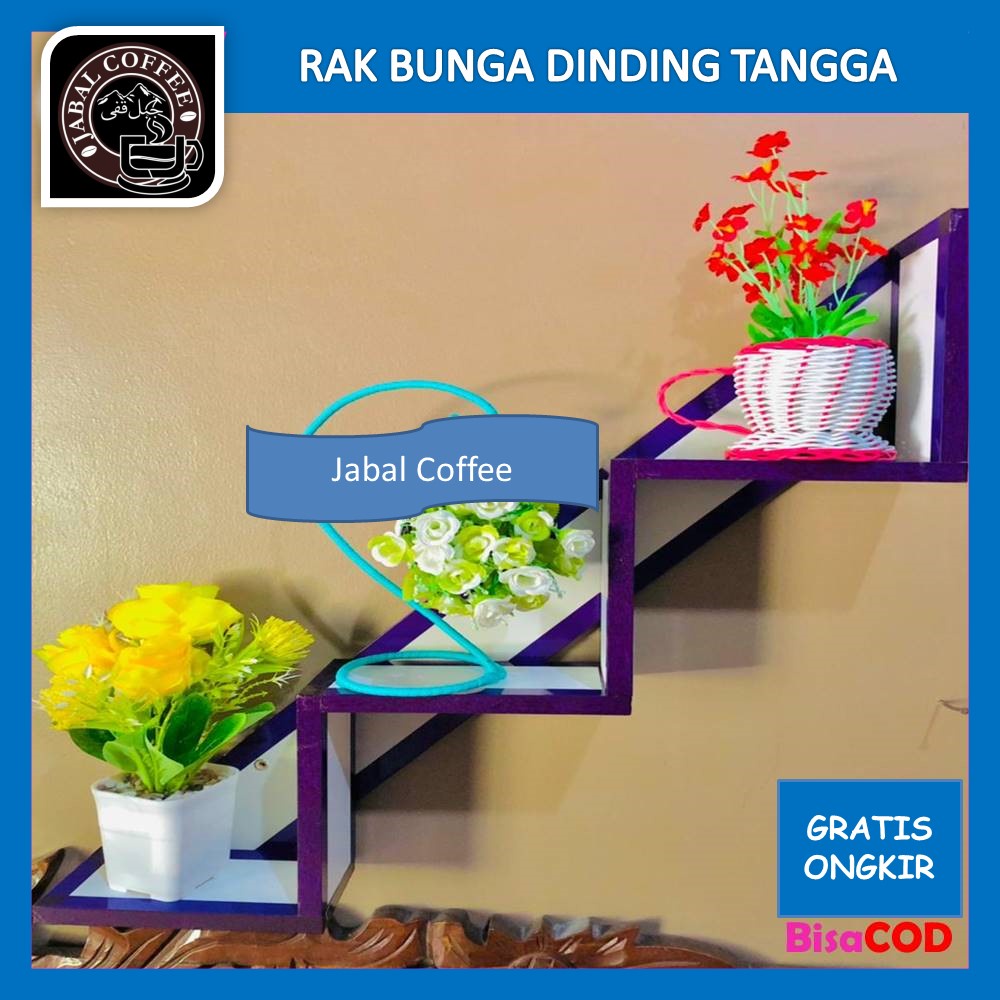 Rak Hiasan Dinding Kayu / Rak Bunga Tangga 3 Pot Vas / Rak Bunga Susun Warna