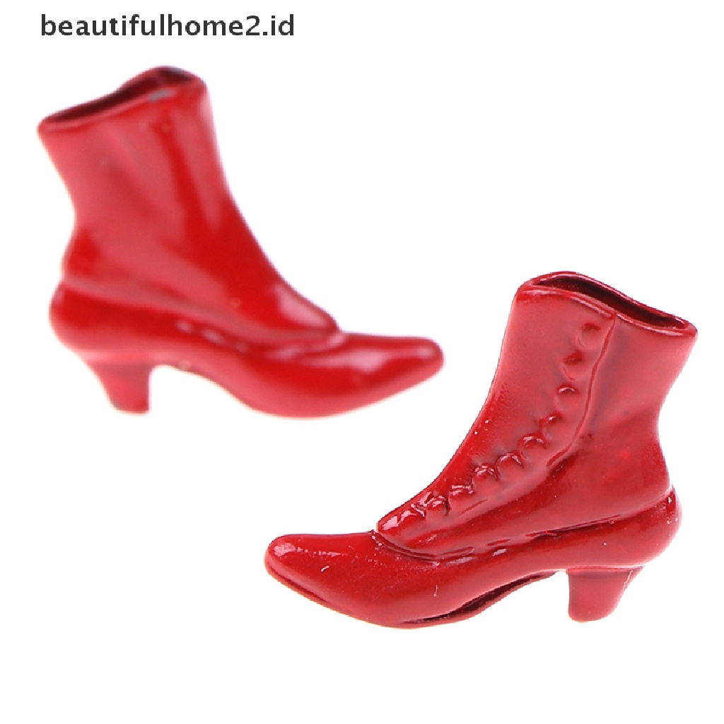 (Beautifulhome2.Id) 1 Pasang Miniatur Sepatu Boots Warna Merah Skala 1: 12 Untuk Dekorasi Rumah Boneka