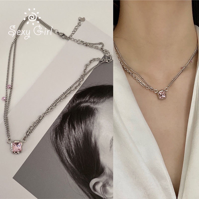 Kalung Rantai Tulang Selangka Kristal Pink Lapisan Ganda Gaya Korea Untuk Wanita