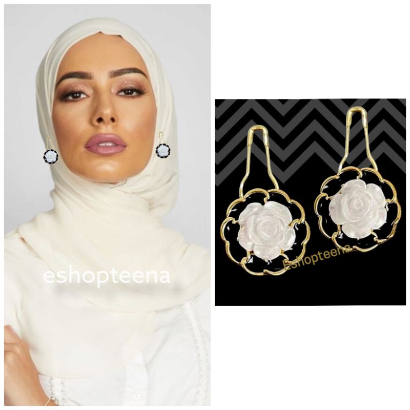 A185 anting hijab mawar putih lilitan gold hitam_anting jilbab
