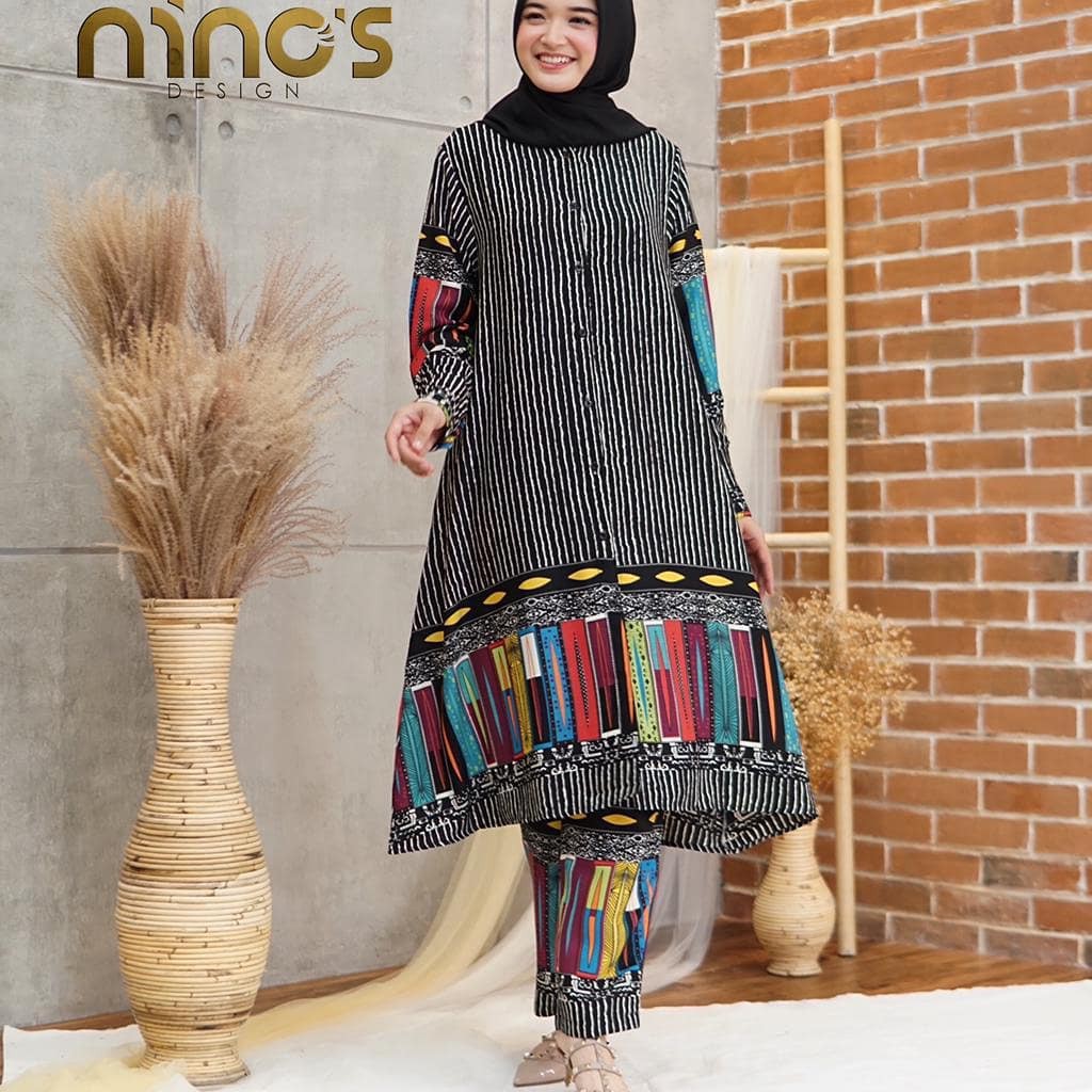 ADSSQ 765 by Ninos Design Setelan Tunik Celana Motif Salur Strip Kombinasi Motif Etnik Busui ORI