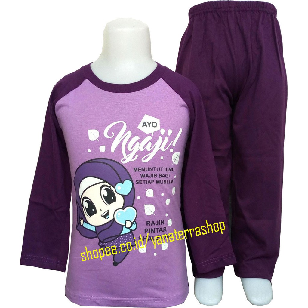 7kids Setelan Kaos Anak Perempuan Lengan Panjang Warna Ungu Karakter Islami Cantik Yanaterrashop
