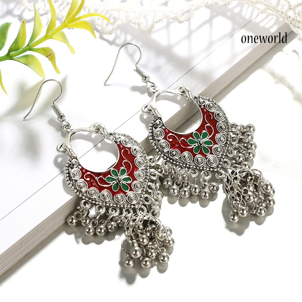 OW@ Retro Bohemian Women Flower Round Balls Tassel Dangle Hook Earrings Jewelry