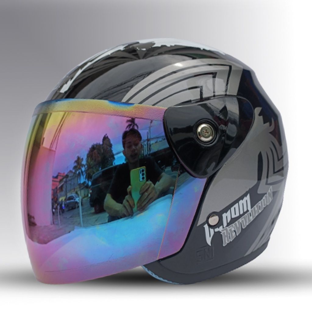 HELM EVOLUTION MURAH HALF FACE MOTIF MODEL CM EVO KACA PELANGI SILVER UNTUK PRIA DAN WANITA DEWASA COD