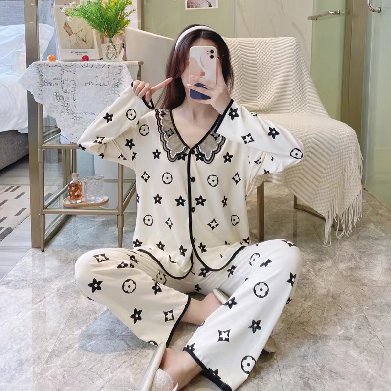 baru houndstooth piyama/baju lengan panjang + celana setelan homewear