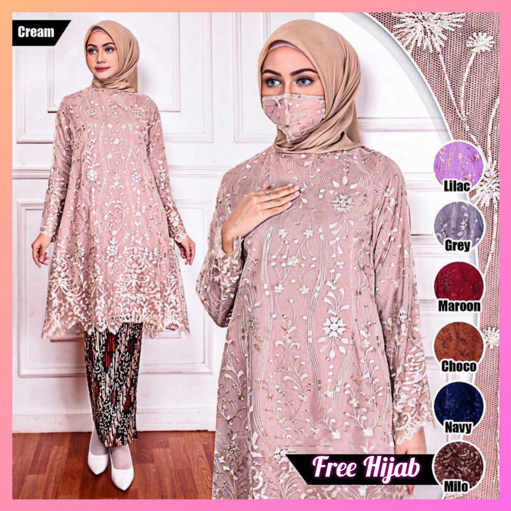 Tunik Brokat Jumbo - Dress Kebaya Brukat - Kebaya Tunik Brukat - Kebaya Wisuda Jumbo (FREE HIJAB)
