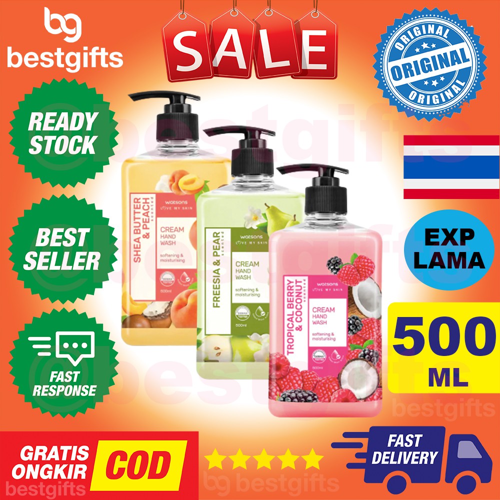 WATSONS CREAM HAND WASH SABUN CUCI TANGAN CAIR TROPICAL BERRY FREESIA PEAR SHEA BUTTER PEACH 500 ML