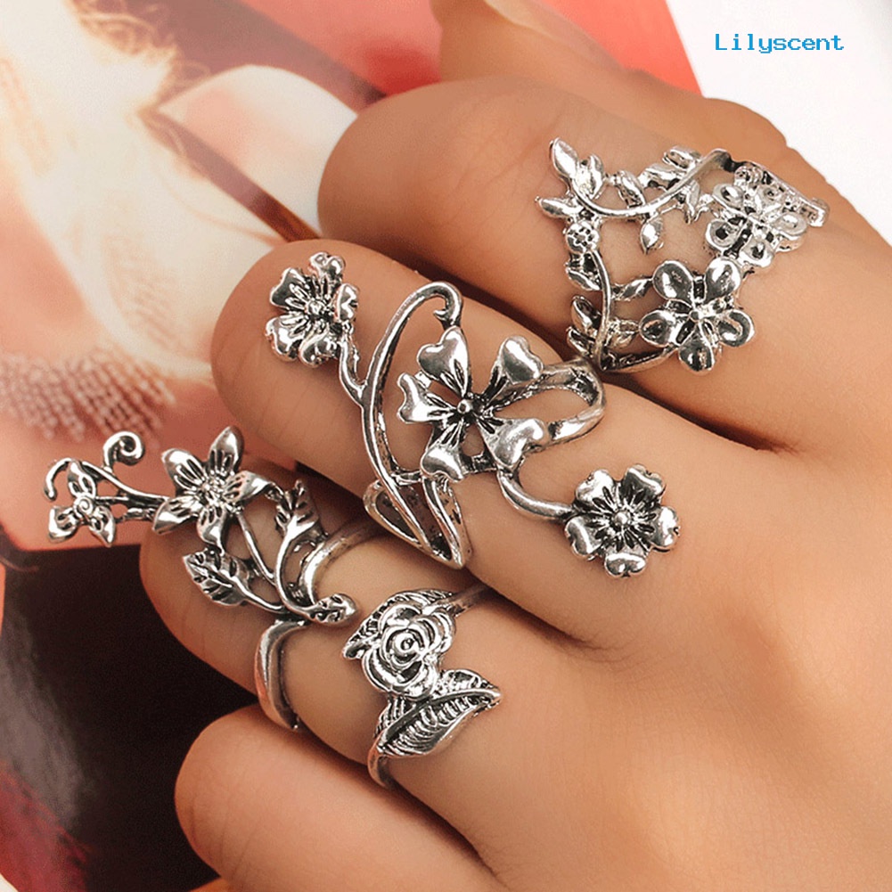 4pcs / Set Cincin Knuckle Midi Desain Bunga Daun Gaya Vintage Untuk Wanita