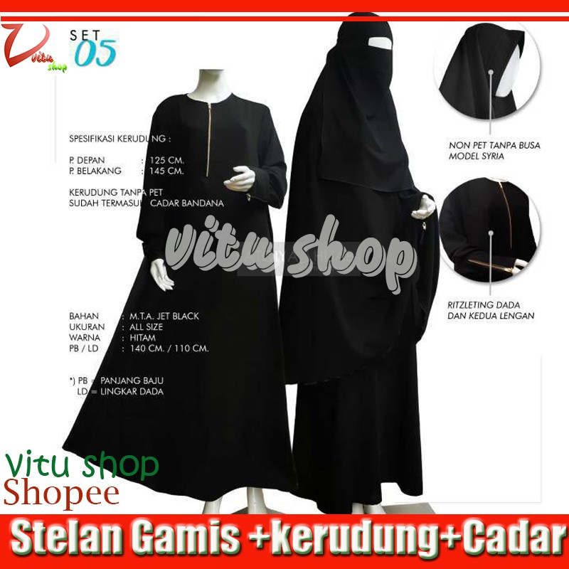 Gamis bahan JET BLACK Baju Muslim Wanita Plus Kerudung dan Cadar Bandana
